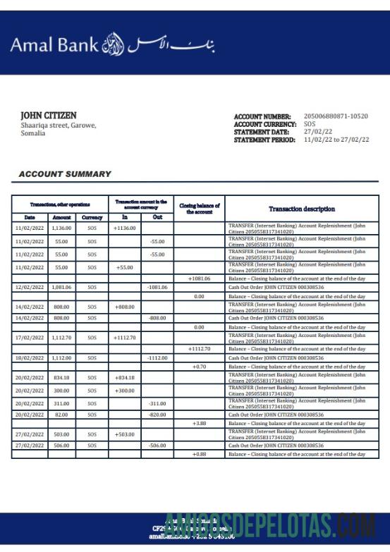Exemplo de extrato bancário da Somália Amal